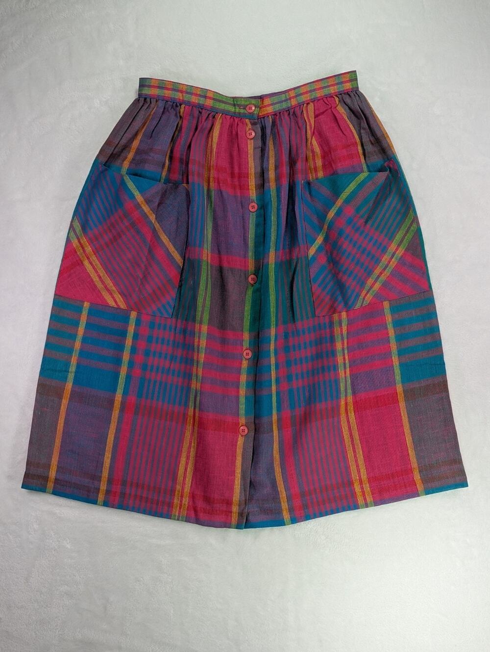 VTG 70s Eccobay Madras Plaid Midi Skirt Womens Sz 14 (Modern 8) Button Pocket